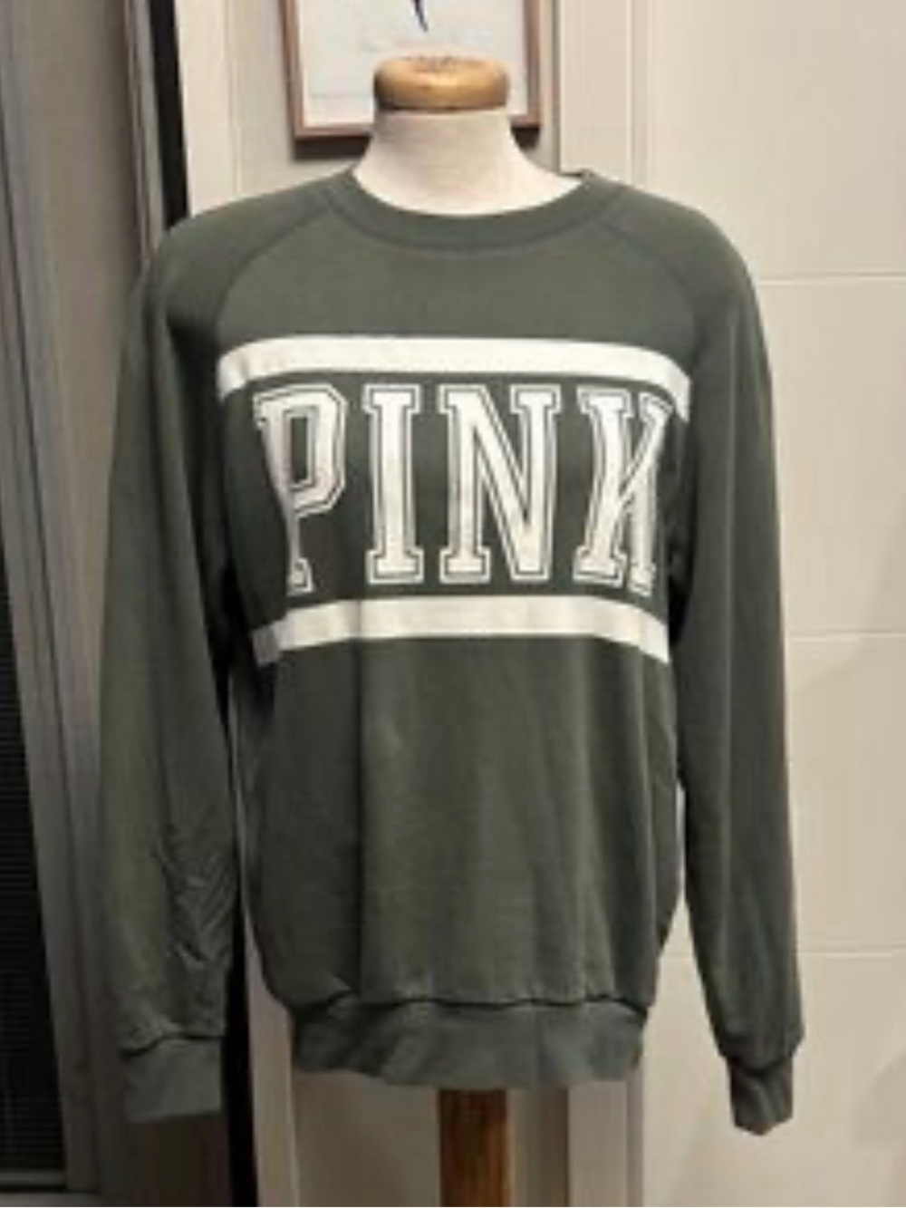 PINK Victoria's Secret Olive Green Long Sleeve Sweatshirt with White Logo